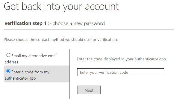 Get back into your account screen