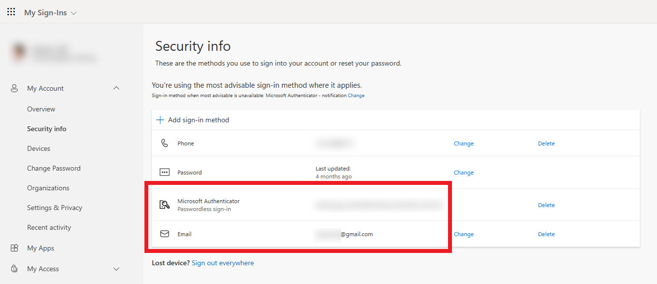 MS Security Info page